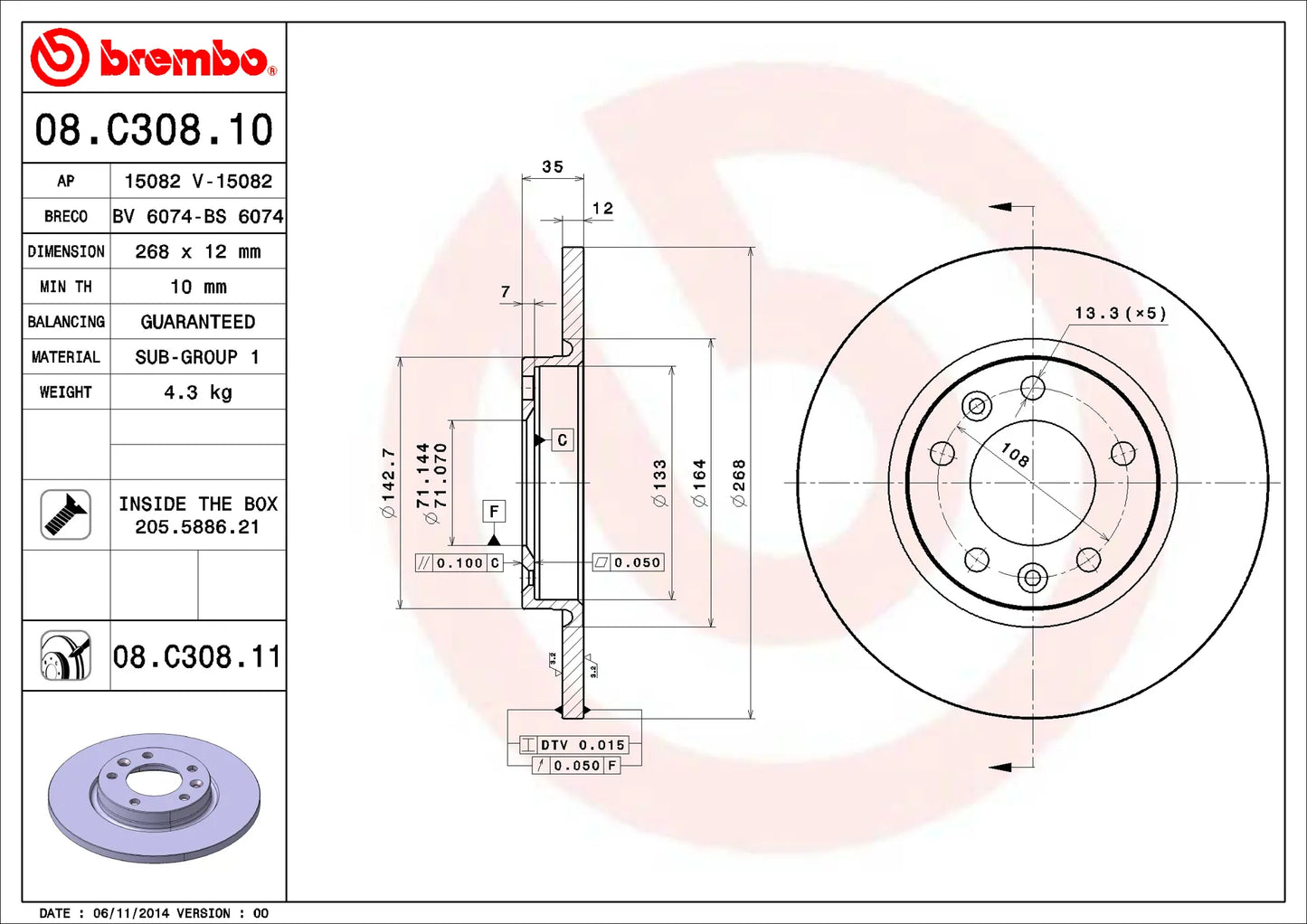 2x BREMBO 08.C308.11 Disques de Frein Arrière CITROEN PEUGEOT OPEL TOYOTA DS