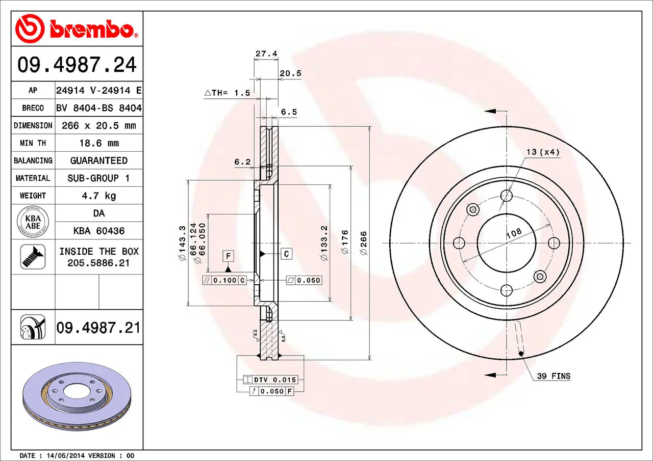 2x BREMBO 09.4987.21 Disque de frein CITROEN PEUGEOT