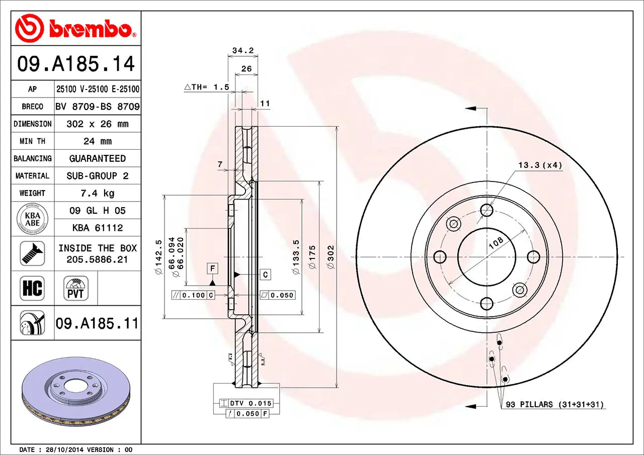 2x BREMBO 09.A185.11 Disques de Frein Ventilé 302mm CITROEN DS PEUGEOT OPEL