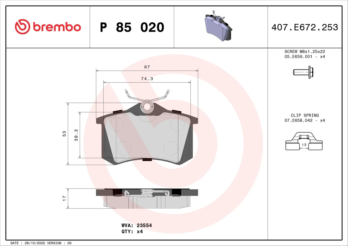 BREMBO P 85 020 Kit de Plaquettes de Frein