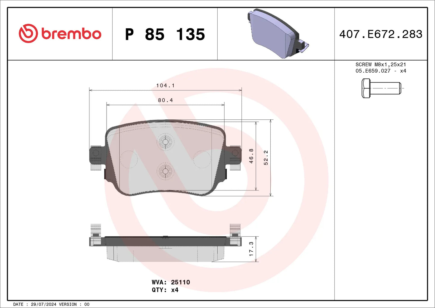 BREMBO Prime P 85 135 Plaquettes de frein