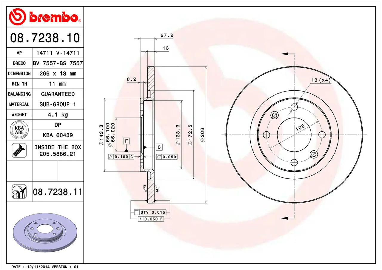 2x BREMBO 08.7238.11 Disques de Frein Plein 266mm CITROEN PEUGEOT