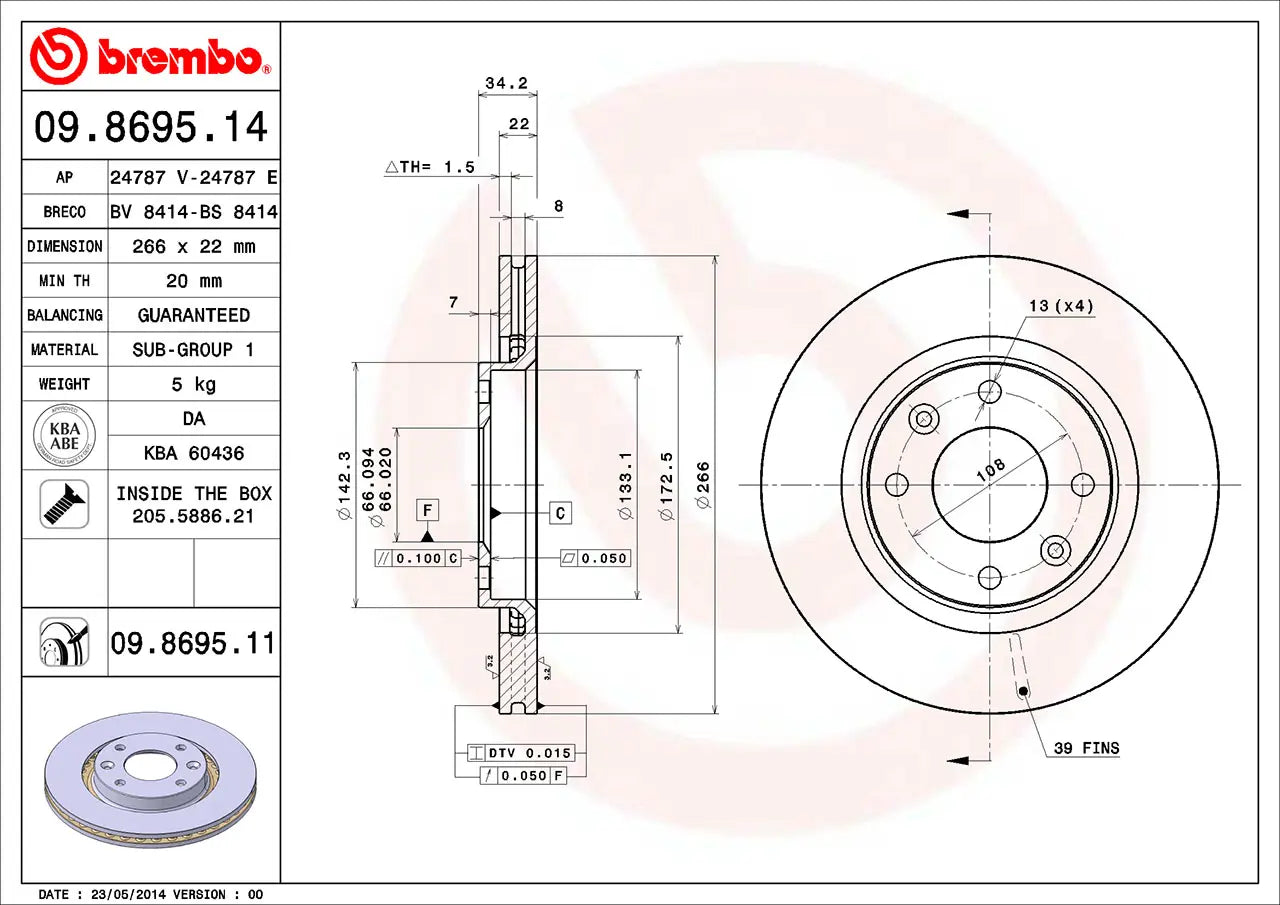 2x BREMBO 09.8695.11 Disques de Frein Ventilé 266mm CITROEN PEUGEOT OPEL DS