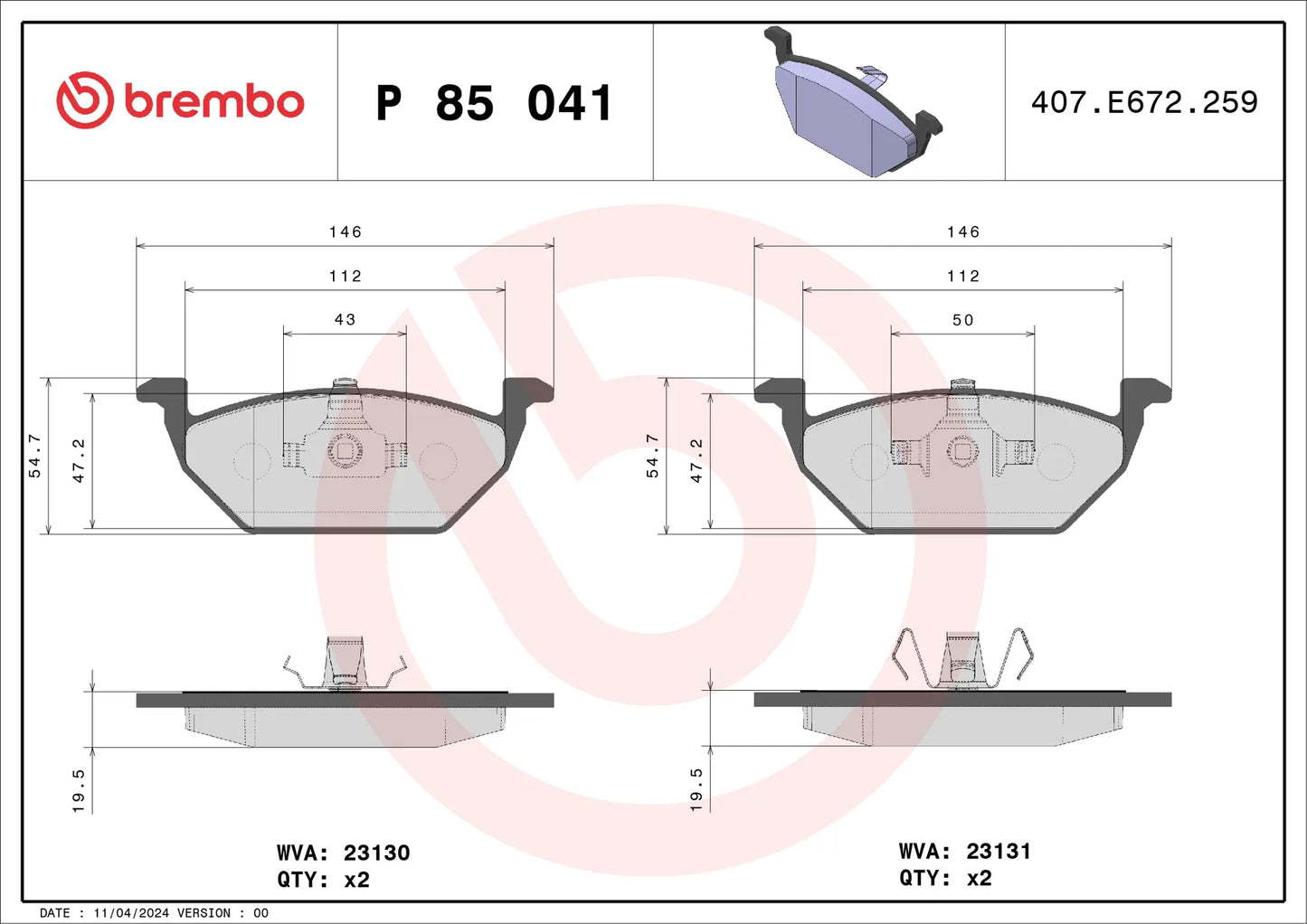 BREMBO P 85 041 Plaquettes de freins