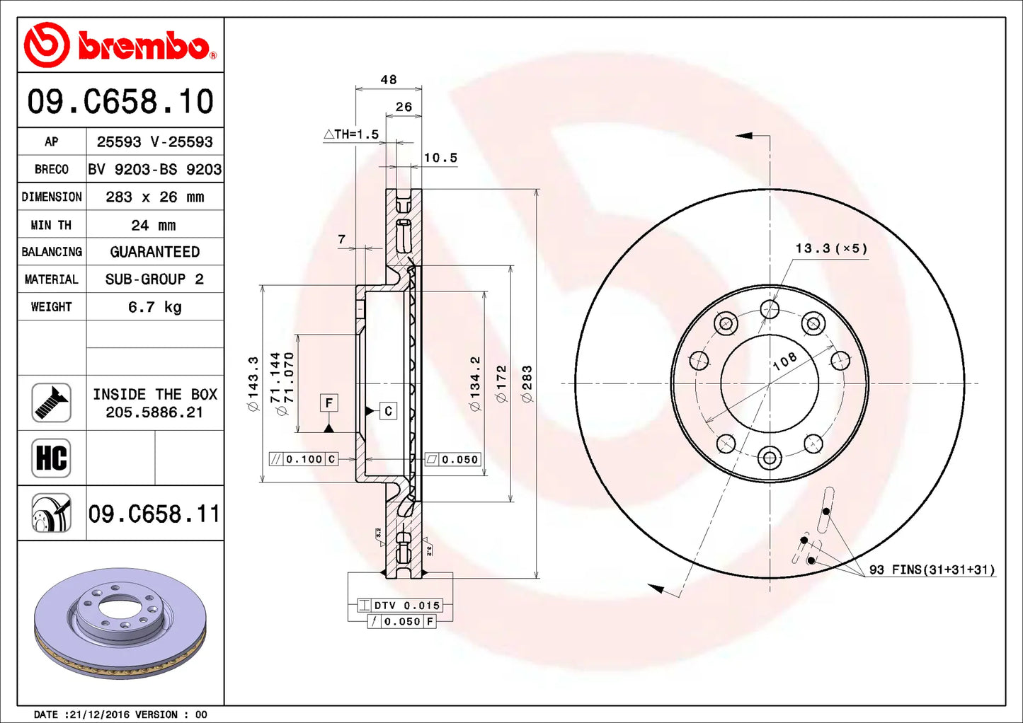2X DISQUE DE FREIN BREMBO 09.C658.11 PEUGEOT CITROEN OPEL 283mm