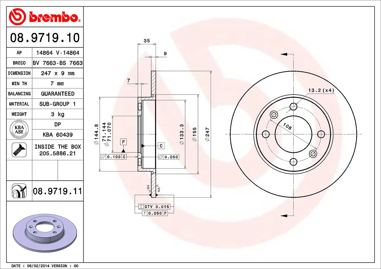2x BREMBO 08.9719.11 Disques de Frein Arrière 247mm