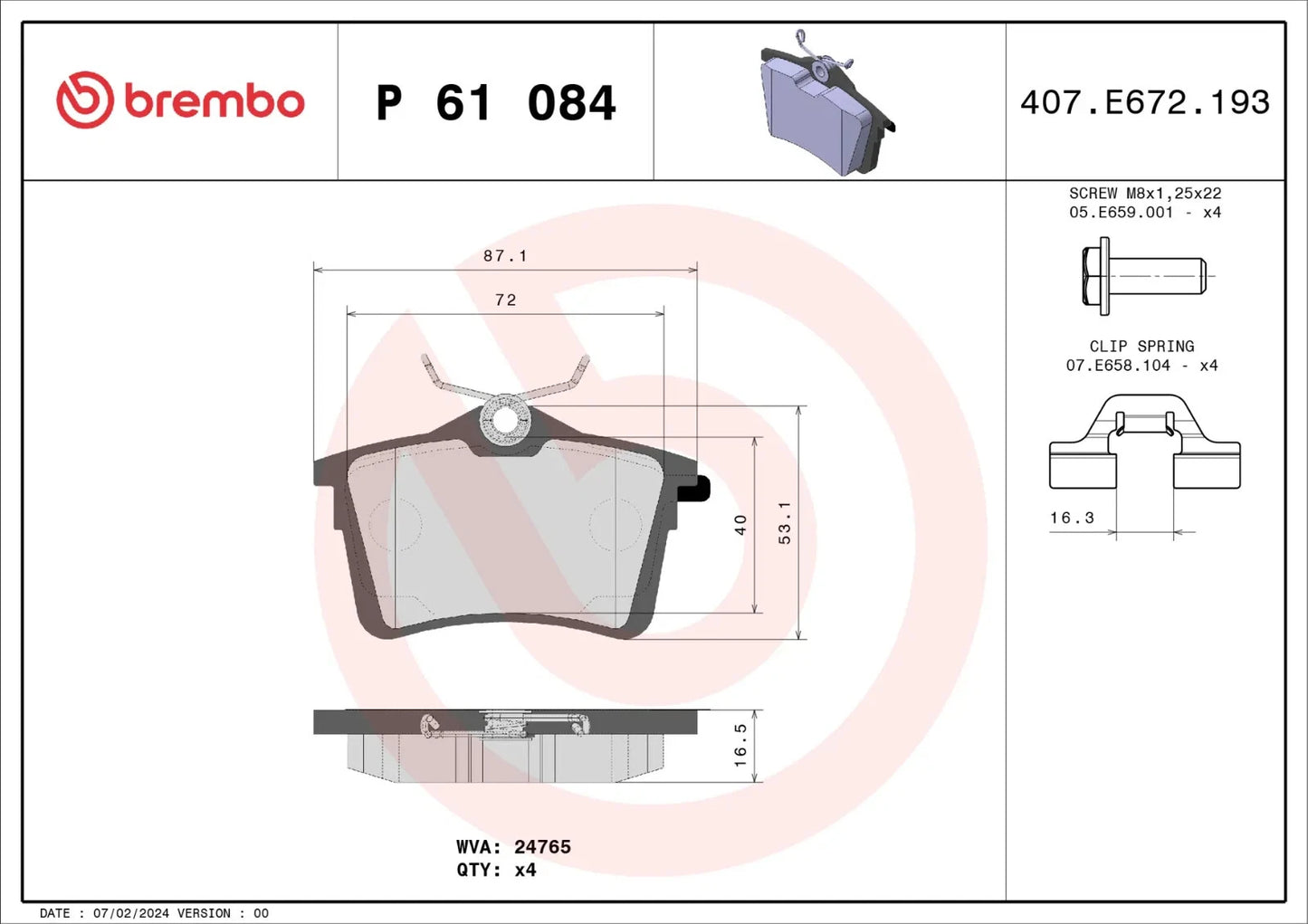 BREMBO P 61 084 Plaquettes de freins Arrière pour PEUGEOT PARTNER Tepee