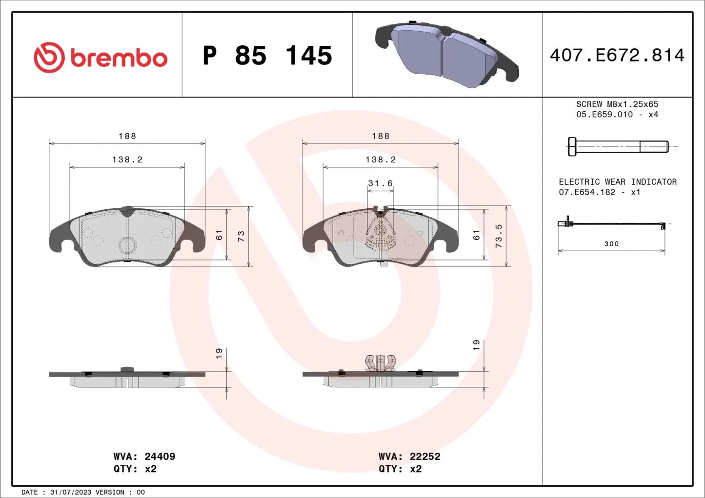 BREMBO P 85 145 Plaquettes de freins Avant