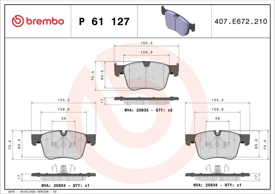 BREMBO P 61 127 Plaquettes de Frein Avant