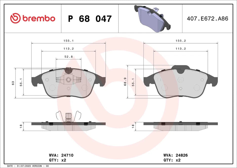BREMBO P 68 047 Plaquettes de frein pour RENAULT SCÉNIC III GRAND SCÉNIC III