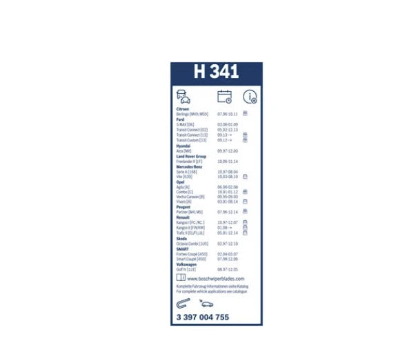 BOSCH 3 397 004 755 Balai d'essuie-glace Twin H341, 340mm, Arrière, 1 Pièce