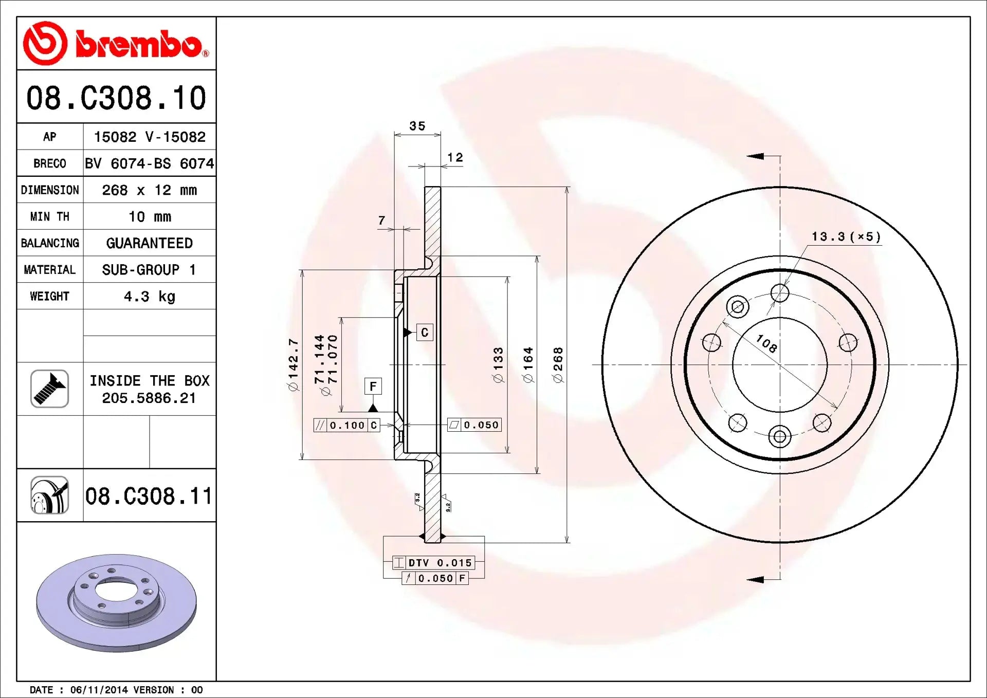 2x BREMBO 08.C308.11 Disques de Frein Arrière CITROEN PEUGEOT OPEL TOYOTA DS BREMBO