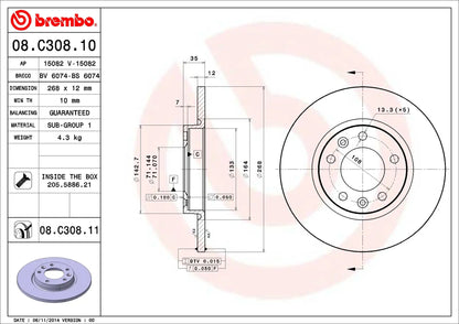 2x BREMBO 08.C308.11 Disques de Frein Arrière CITROEN PEUGEOT OPEL TOYOTA DS BREMBO