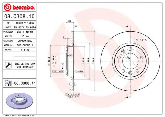 2x BREMBO 08.C308.11 Disques de Frein Arrière CITROEN PEUGEOT OPEL TOYOTA DS