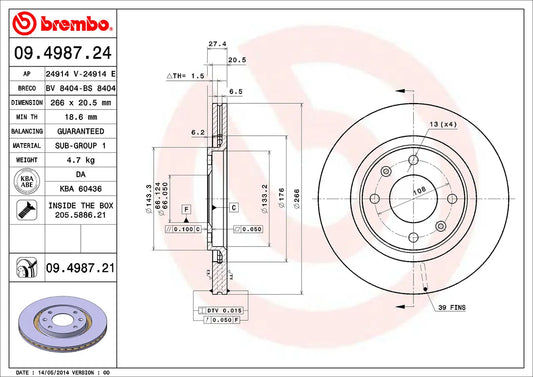 2x BREMBO 09.4987.21 Disque de frein CITROEN PEUGEOT