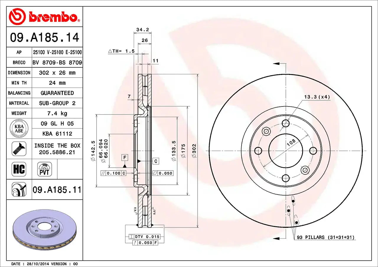 2x BREMBO 09.A185.11 Disques de Frein Ventilé 302mm CITROEN DS PEUGEOT OPEL BREMBO