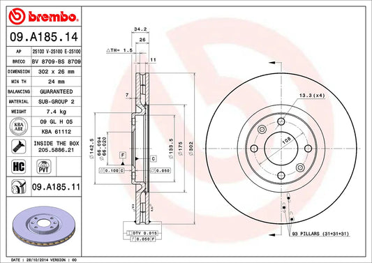 2x BREMBO 09.A185.11 Disques de Frein Ventilé 302mm CITROEN DS PEUGEOT OPEL