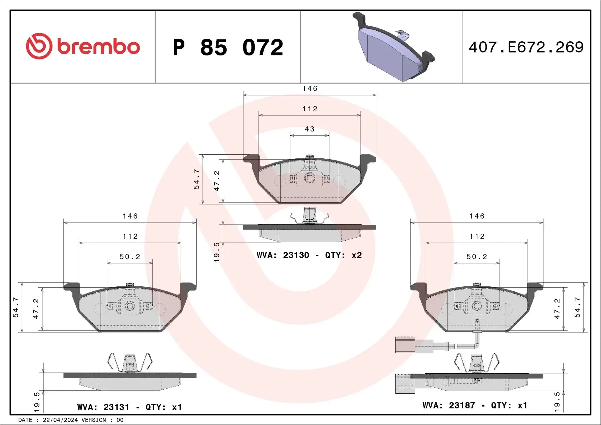 BREMBO P 85 072 Plaquettes de freins BREMBO