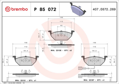 BREMBO P 85 072 Plaquettes de freins BREMBO