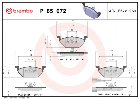 BREMBO P 85 072 Plaquettes de freins