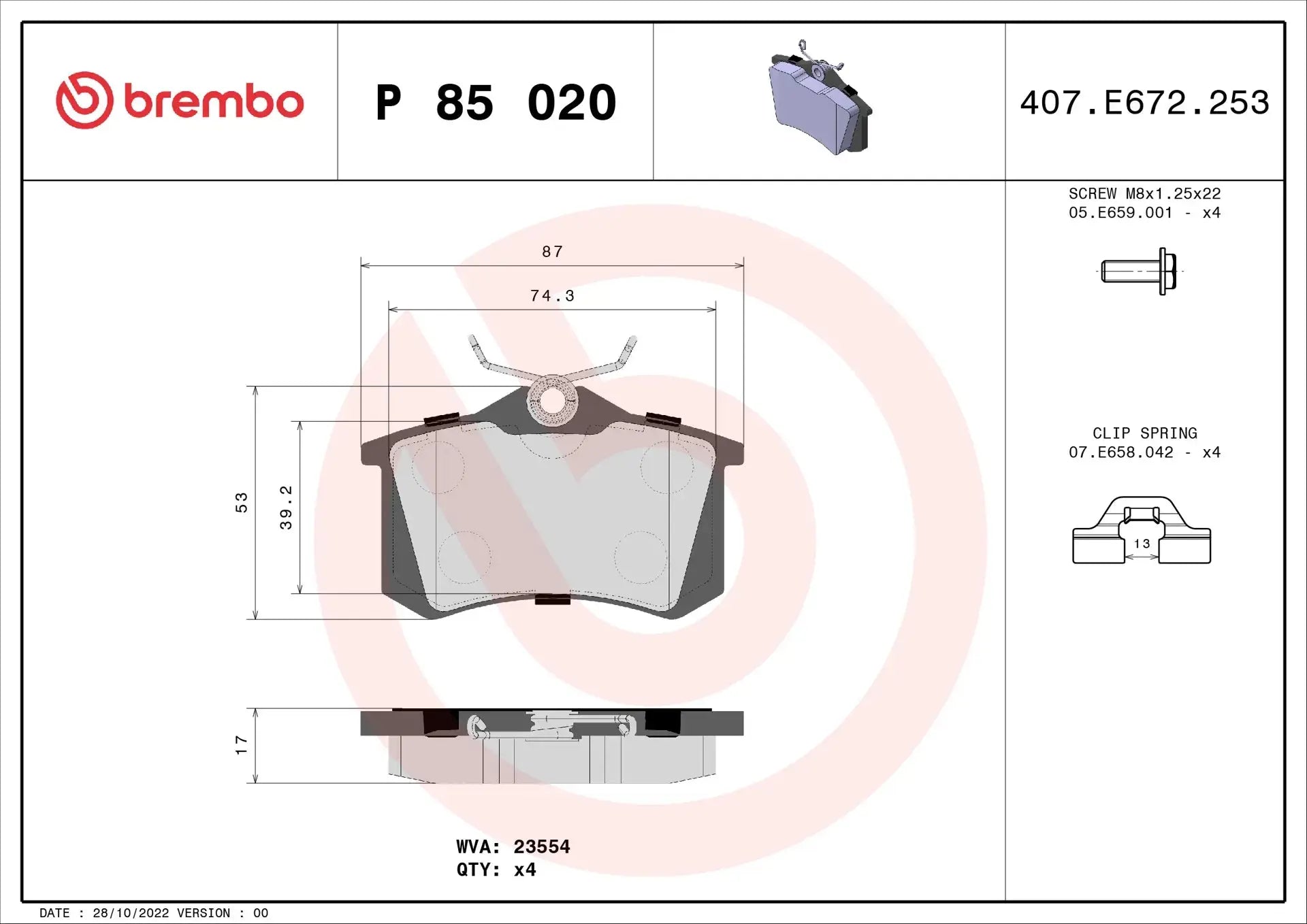 BREMBO P 85 020 Kit de Plaquettes de Frein BREMBO