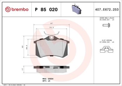 BREMBO P 85 020 Kit de Plaquettes de Frein BREMBO