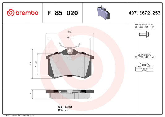 BREMBO P 85 020 Kit de Plaquettes de Frein