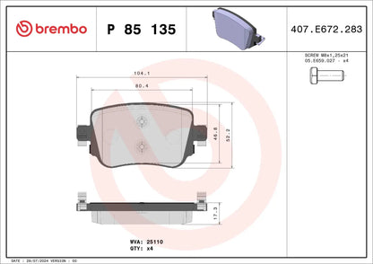 BREMBO P 85 135 Prime Plaquettes de frein BREMBO