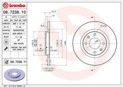 2x BREMBO 08.7238.11 Disques de Frein Plein 266mm CITROEN PEUGEOT BREMBO