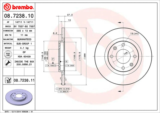 2x BREMBO 08.7238.11 Disques de Frein Plein 266mm CITROEN PEUGEOT