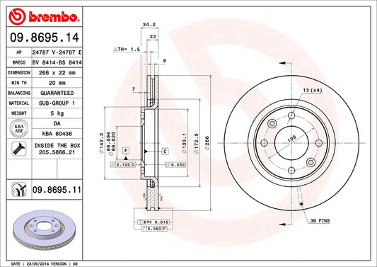 2x BREMBO 09.8695.11 Disques de Frein Ventilé 266mm CITROEN PEUGEOT OPEL DS