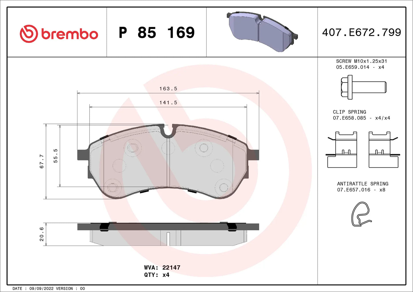 BREMBO P 85 169 Plaquettes de frein BREMBO