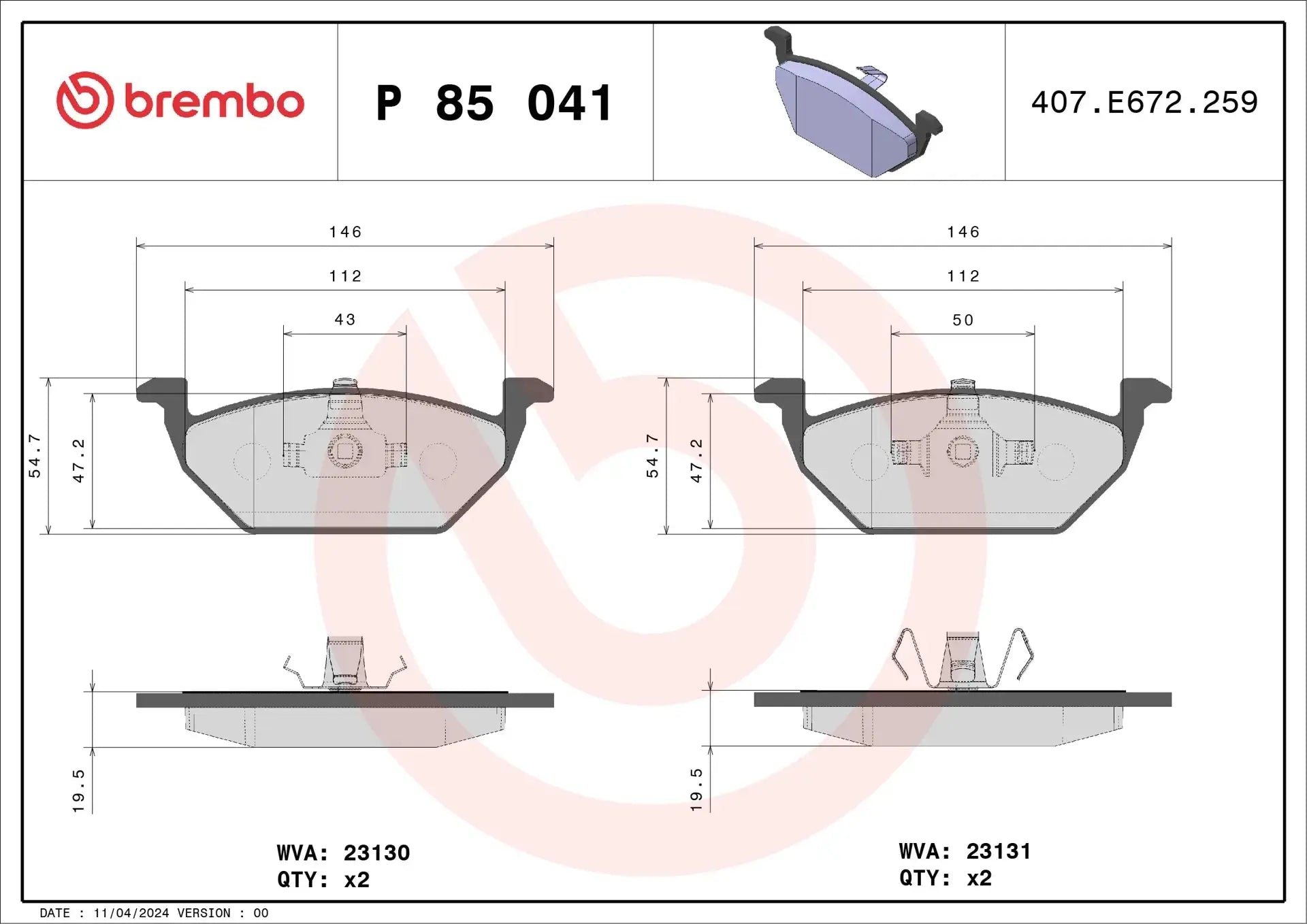 BREMBO P 85 041 Plaquettes de freins BREMBO