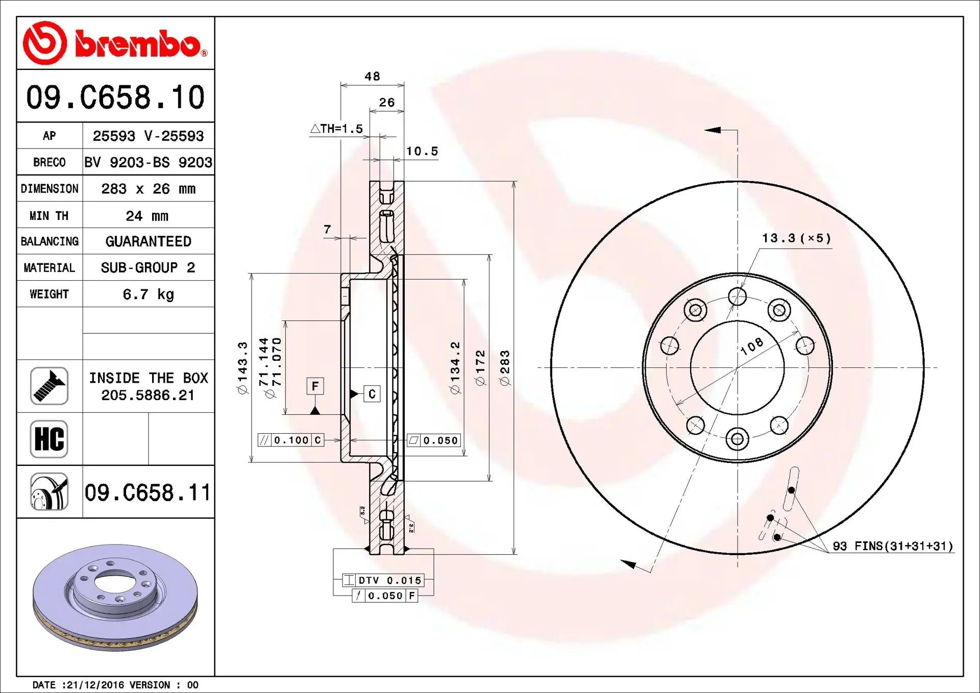 2X DISQUE DE FREIN BREMBO 09.C658.11 PEUGEOT CITROEN OPEL 283mm BREMBO