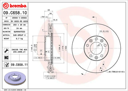 2X DISQUE DE FREIN BREMBO 09.C658.11 PEUGEOT CITROEN OPEL 283mm BREMBO