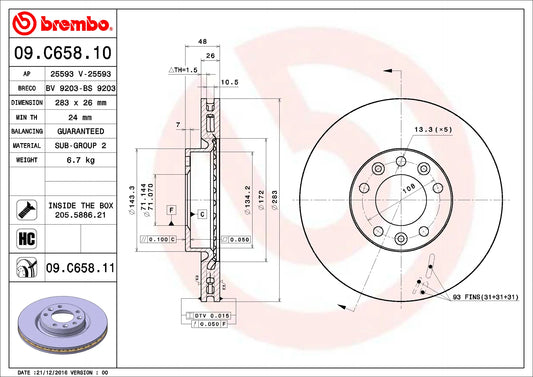 2X DISQUE DE FREIN BREMBO 09.C658.11 PEUGEOT CITROEN OPEL 283mm