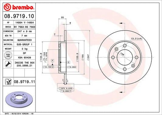 2x BREMBO 08.9719.11 Disques de Frein Arrière 247mm