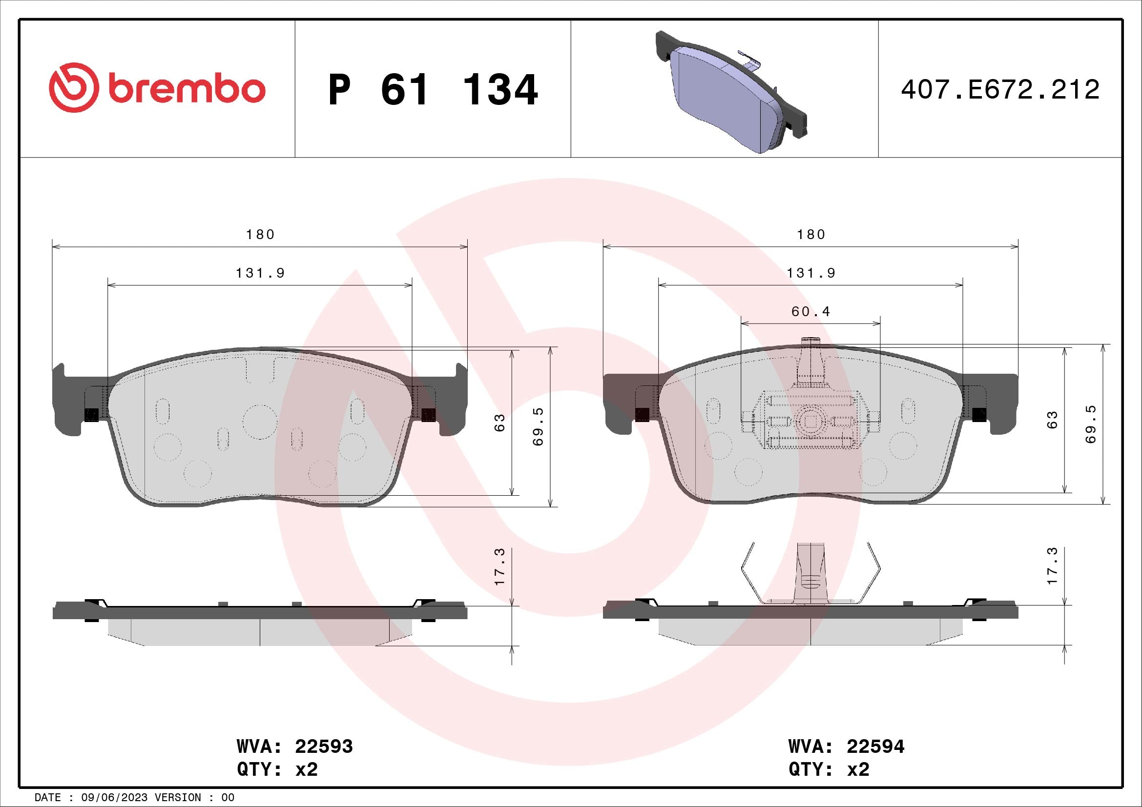 BREMBO P 61 134 PLAQUETTES DE FREIN (JEU) - GR PARTS