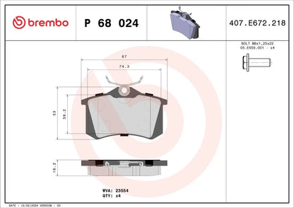 BREMBO P 68 024 Plaquettes de freins Arrière BREMBO