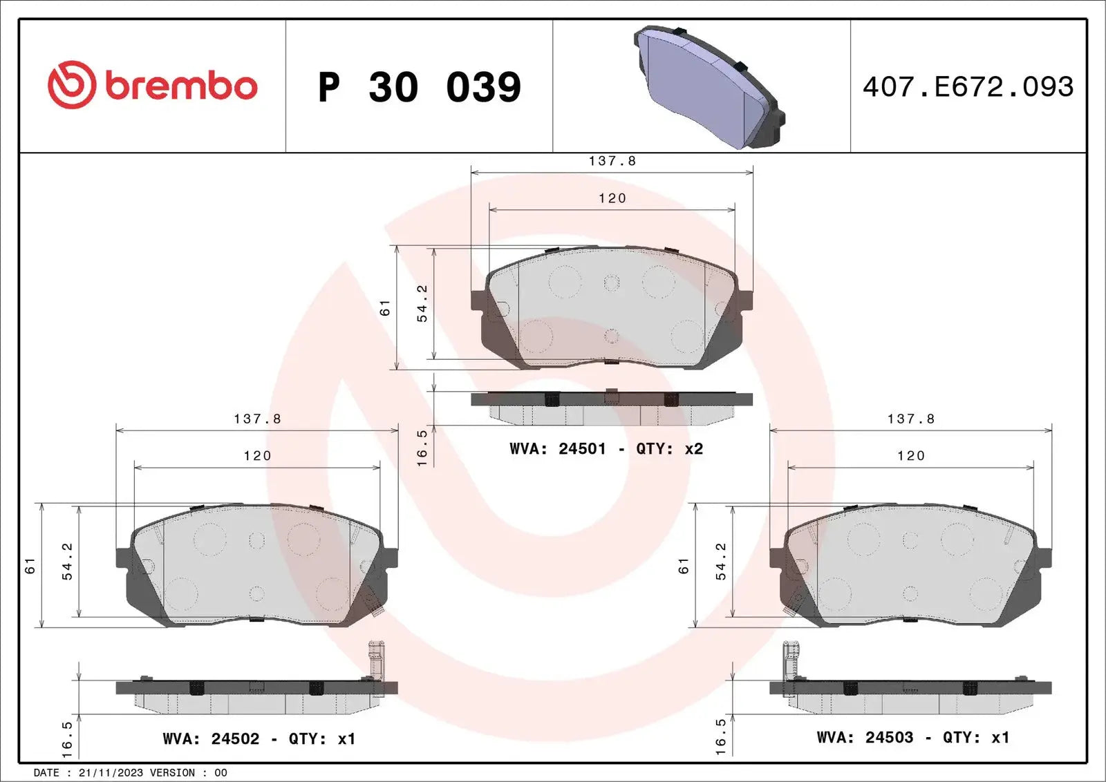 BREMBO P 30 039 Plaquettes de frein BREMBO