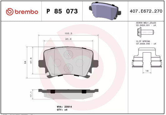 BREMBO P 85 073 Plaquettes de freins