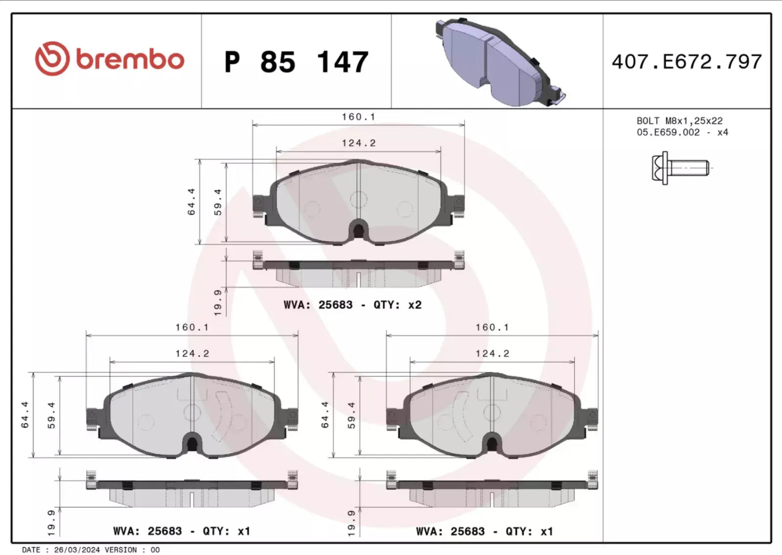BREMBO P 85 147 Jeu de plaquettes de frein avant BREMBO