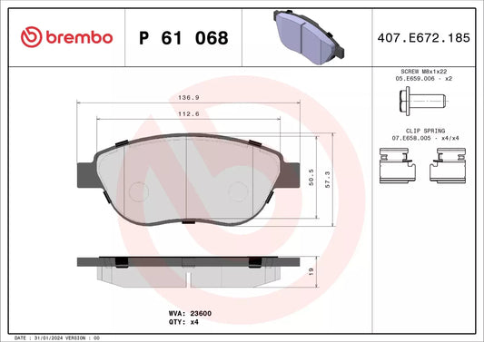 BREMBO Prime P 61 068 Plaquettes de frein