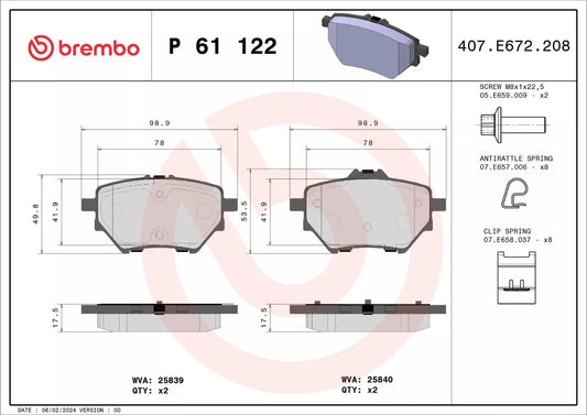 BREMBO P 61 122 Plaquettes de frein Arrière