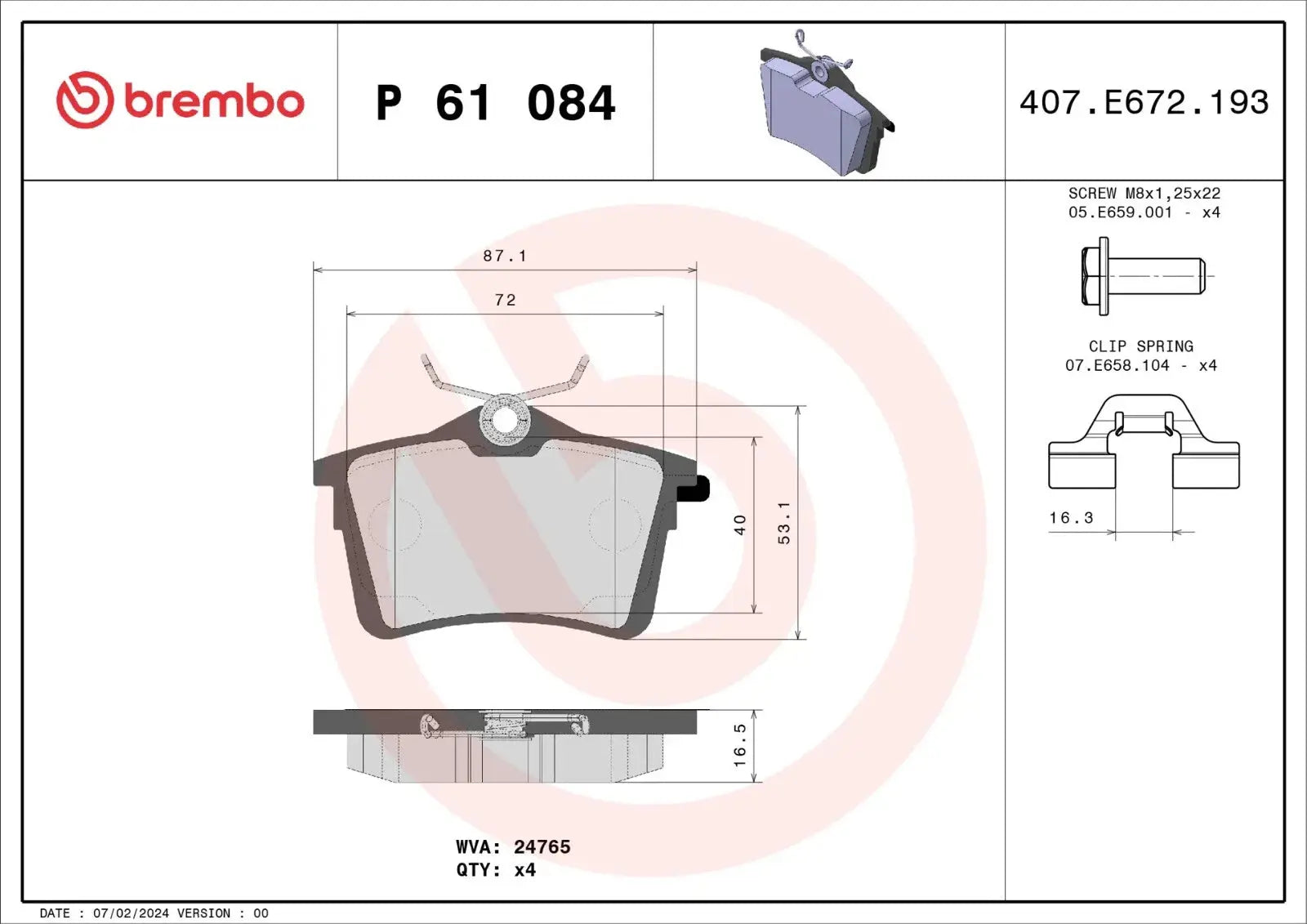 BREMBO P 61 084 Plaquettes de freins Arrière pour PEUGEOT PARTNER Tepee BREMBO