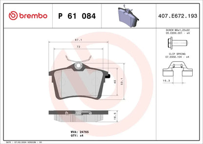 BREMBO P 61 084 Plaquettes de freins Arrière pour PEUGEOT PARTNER Tepee BREMBO