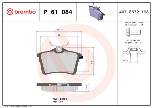 BREMBO P 61 084 Plaquettes de freins Arrière pour PEUGEOT PARTNER Tepee