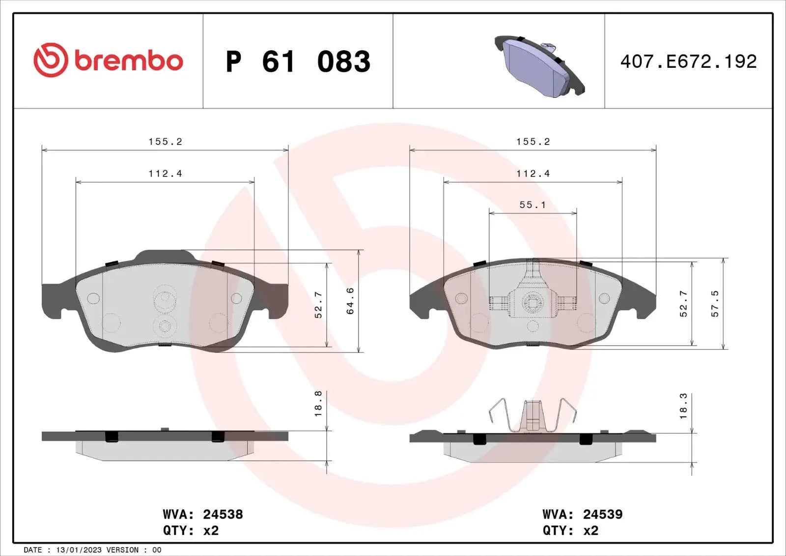 BREMBO P 61 083 Plaquettes de freins Avant PEUGEOT PARTNER Tepee BREMBO