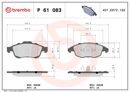 BREMBO P 61 083 Plaquettes de freins Avant PEUGEOT PARTNER Tepee