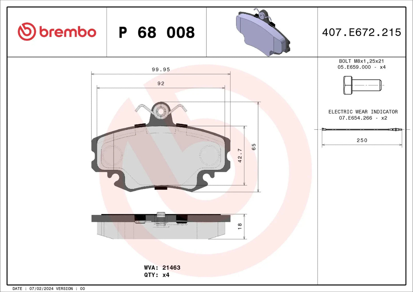 BREMBO Prime P 68 008 Plaquettes de frein